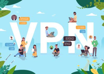 people using virtual private network vpn for communication cyber security and privacy concept secure online connection personal data protection horizontal full length vector illustration